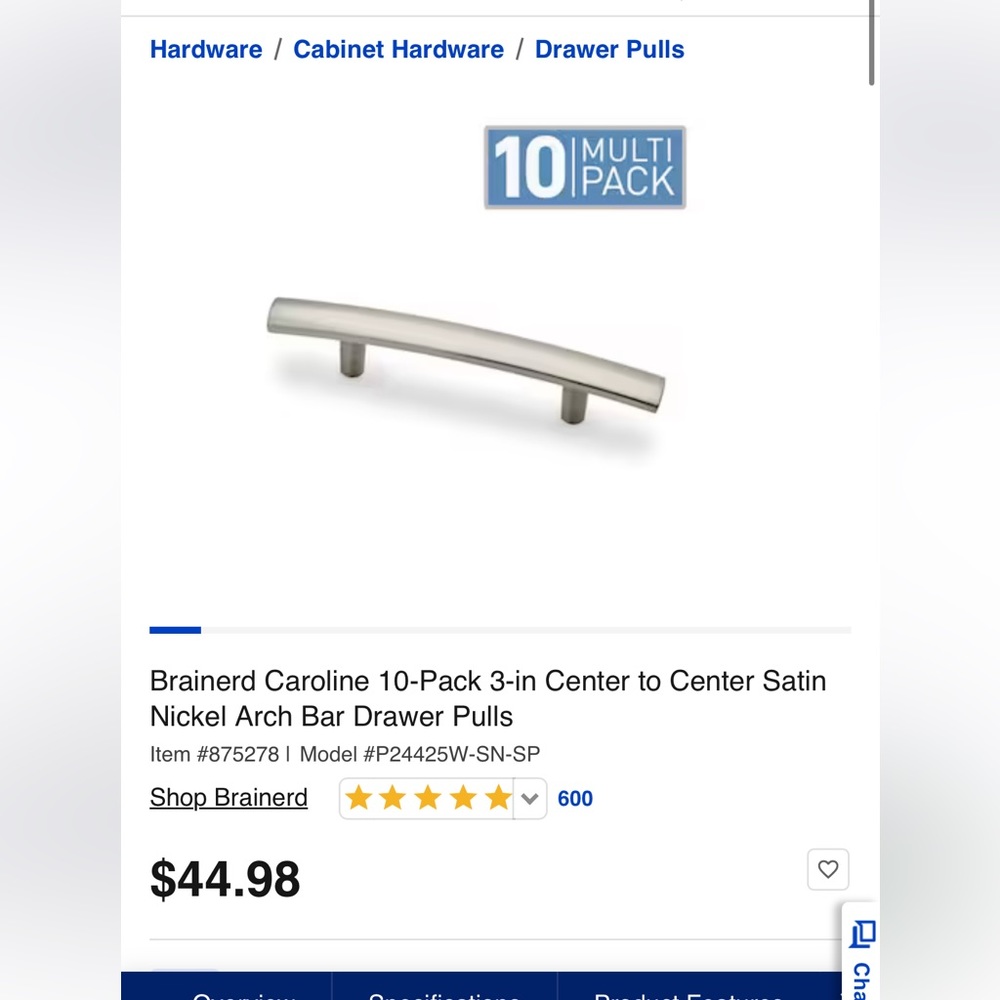 Brainerd 3" Caroline Arch Pull in Satin Nickel (10 Pack) Lowes NEW